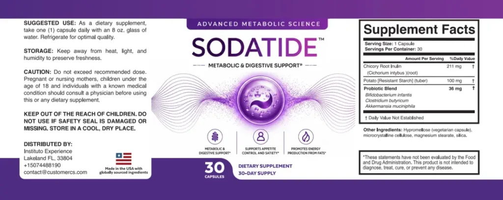 SodaTide supplement facts label showing 211 mg chicory inulin, 100 mg potato resistant starch, and a 36 mg probiotic blend.
